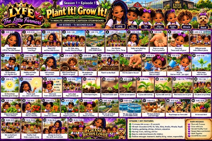 Original Plant It Grow It storyboard featuring LYFE, RJ Sonshine, Talia Lia, Alina Lena Beana, Emilia Milly, Miracle and IYSIS